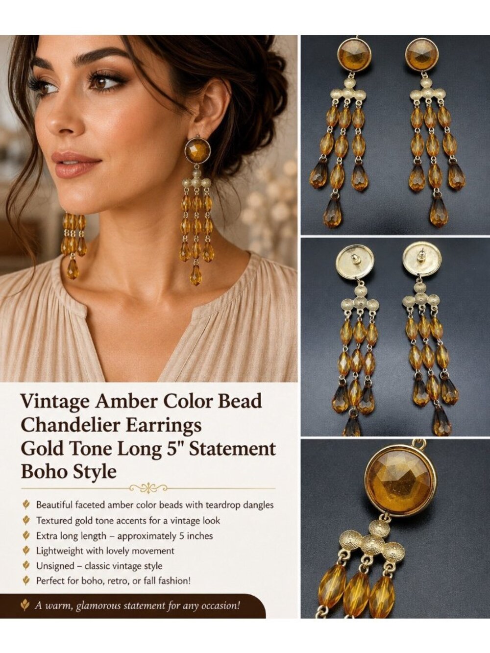 Vintage Amber Color Bead Chandelier Earrings Gold Tone Long 5” Statement Boho